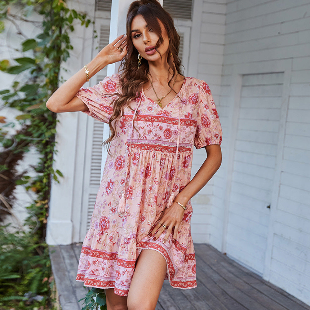 Women’s A-Line Mini Dress – 100% Cotton – V-Neck – Puff Sleeve – Tiered Floral Print by Lumina Vancouver