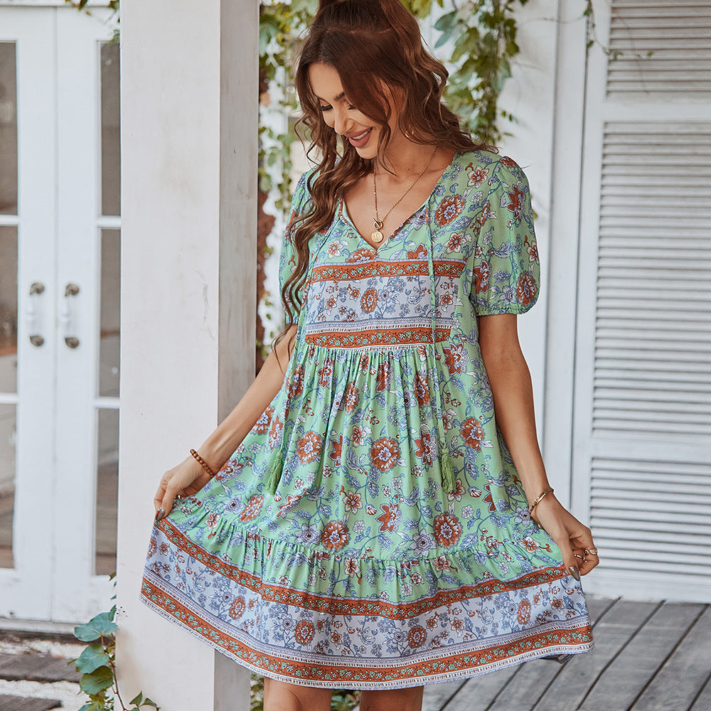 Women’s A-Line Mini Dress – 100% Cotton – V-Neck – Puff Sleeve – Tiered Floral Print by Lumina Vancouver