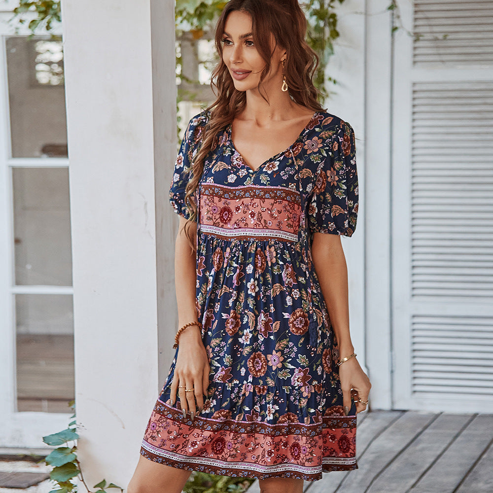 Women’s A-Line Mini Dress – 100% Cotton – V-Neck – Puff Sleeve – Tiered Floral Print by Lumina Vancouver