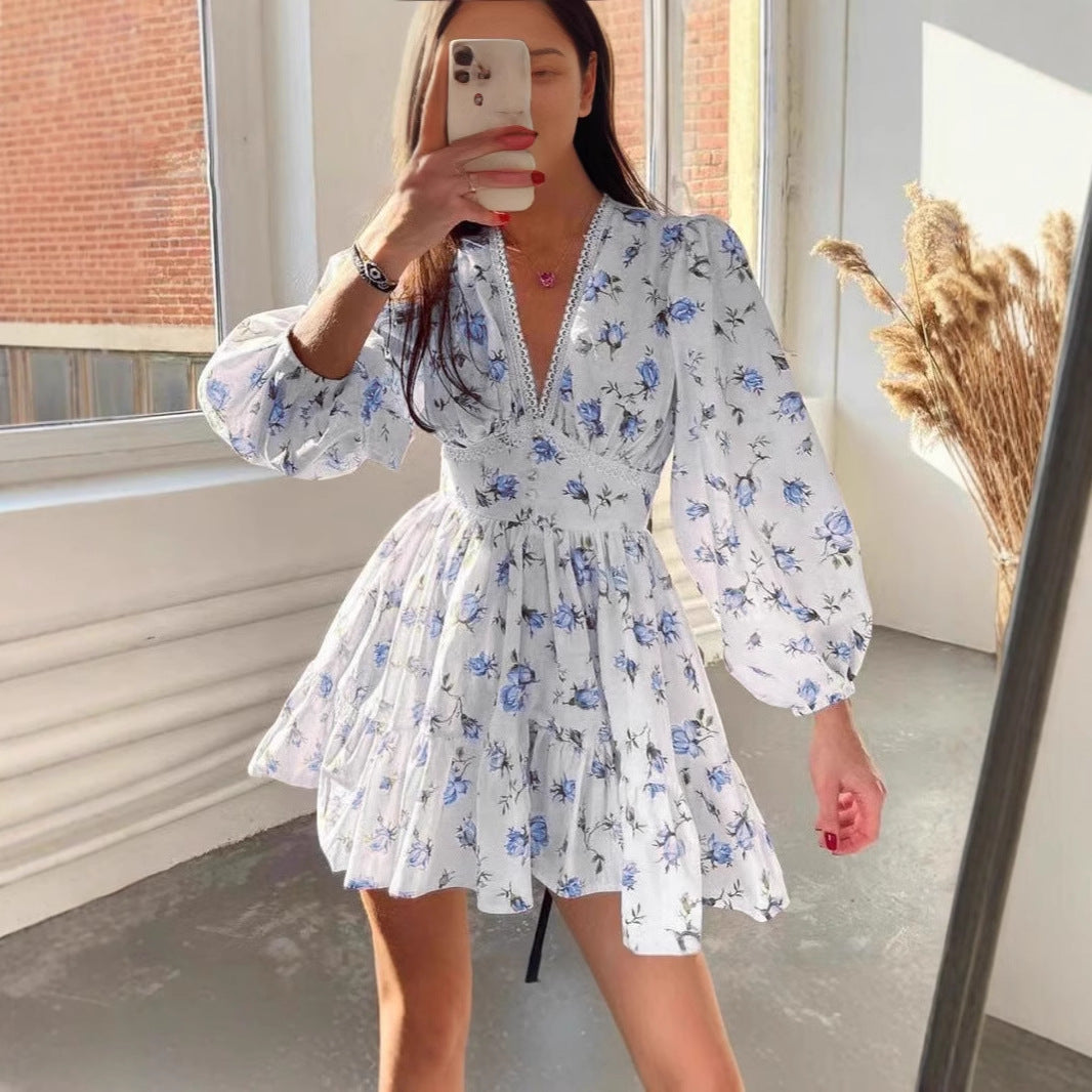 Women’s A-Line Dress – V-Neck Lace Trim – Puff Sleeve – Floral Print – Mini Length by Lumina Vancouver