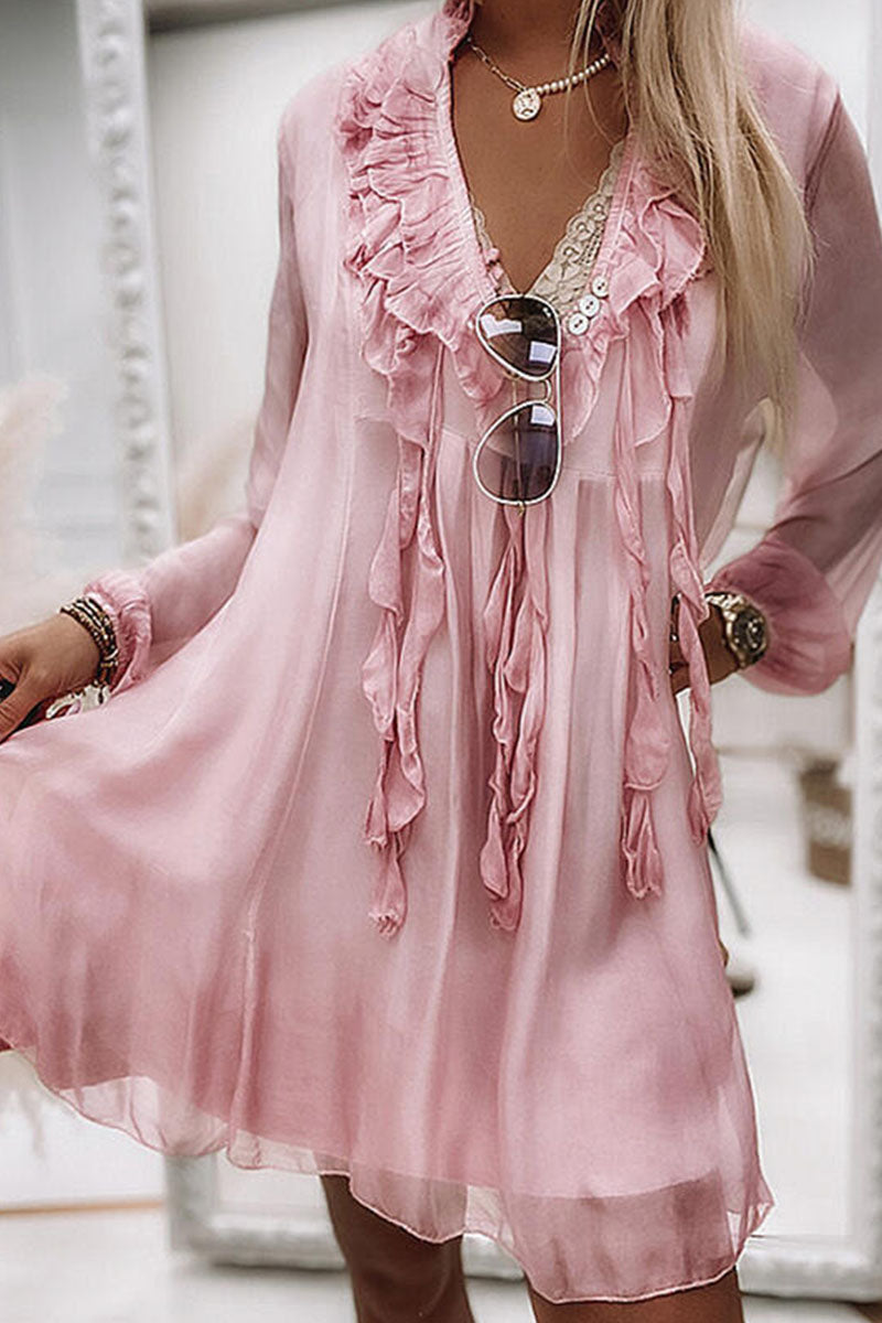 Women's Dress - Knee Length Flowy Fit - V-Neck Ruffle Lace Detail - Sheer Long Sleeve by Lumina Vancouver