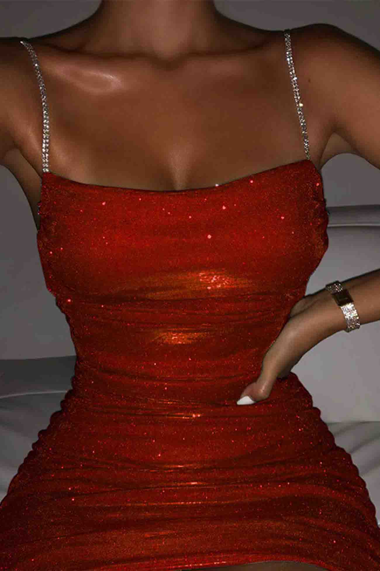 Women's Bodycon Mini Dress - Ruched Metallic Stretch - Thin Straps Partywear by Lumina Vancouver