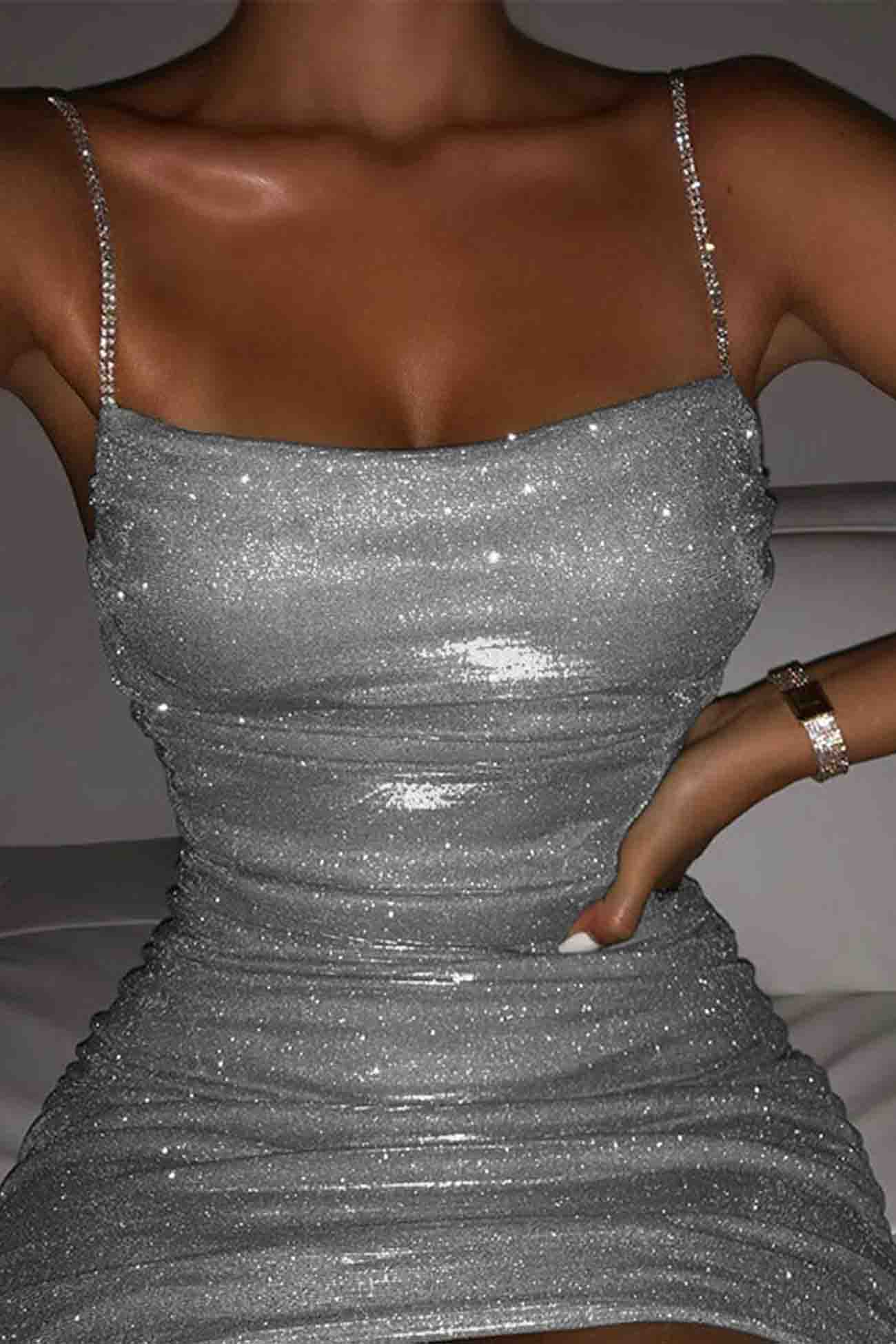 Women's Bodycon Mini Dress - Ruched Metallic Stretch - Thin Straps Partywear by Lumina Vancouver