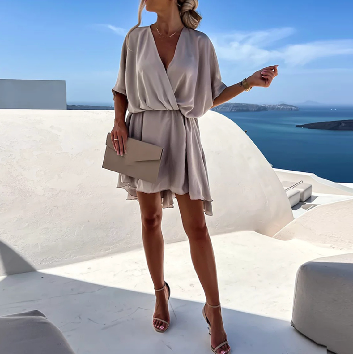Women's Wrap Dress - V-Neckline - Short Sleeve - Elegant Mini Length by Lumina Vancouver