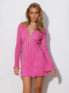 Women’s Bodycon Mini Dress – Deep V-Neck – Cut-Out Waist – Pleated Long Sleeve Fit by Lumina Vancouver