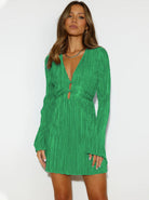 Women’s Bodycon Mini Dress – Deep V-Neck – Cut-Out Waist – Pleated Long Sleeve Fit by Lumina Vancouver
