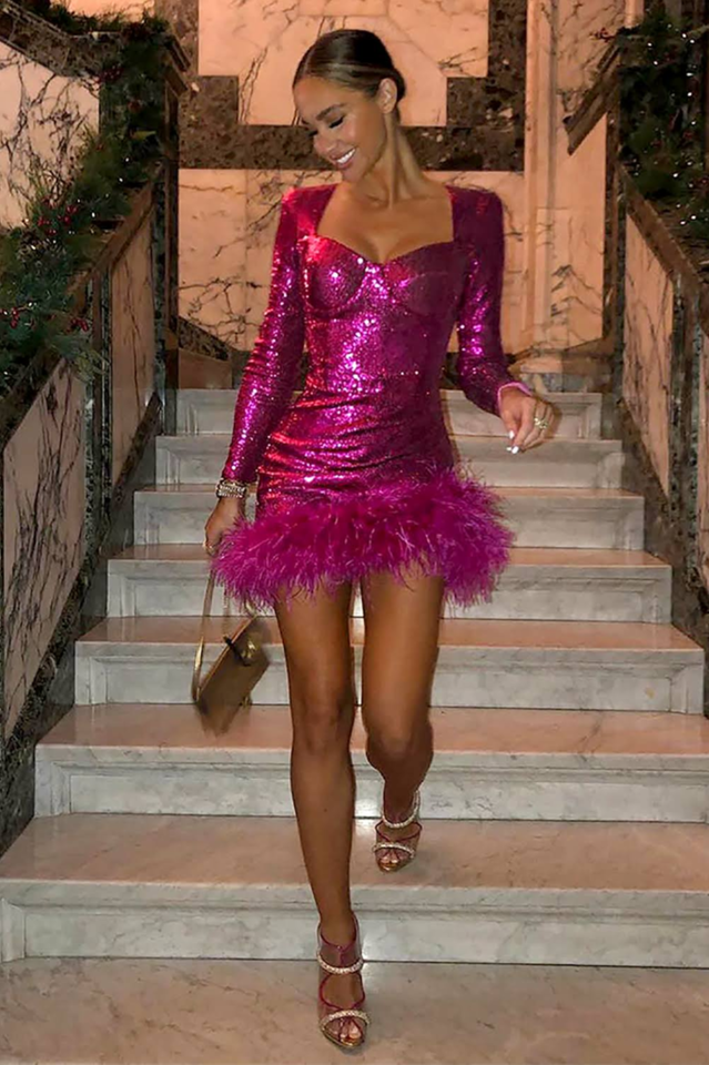 Women's Mini Dress - Sequin Embellished - Sweetheart Neckline - Feather Trim - Long Sleeve by Lumina Vancouver