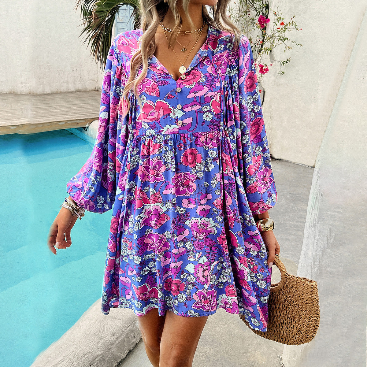 Women’s Short Dress – Lightweight Rayon – Relaxed Fit – V-Neck – Floral Print – Long Sleeve by Lumina Vancouver