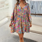 Women’s Short Dress – Lightweight Rayon – Relaxed Fit – V-Neck – Floral Print – Long Sleeve by Lumina Vancouver