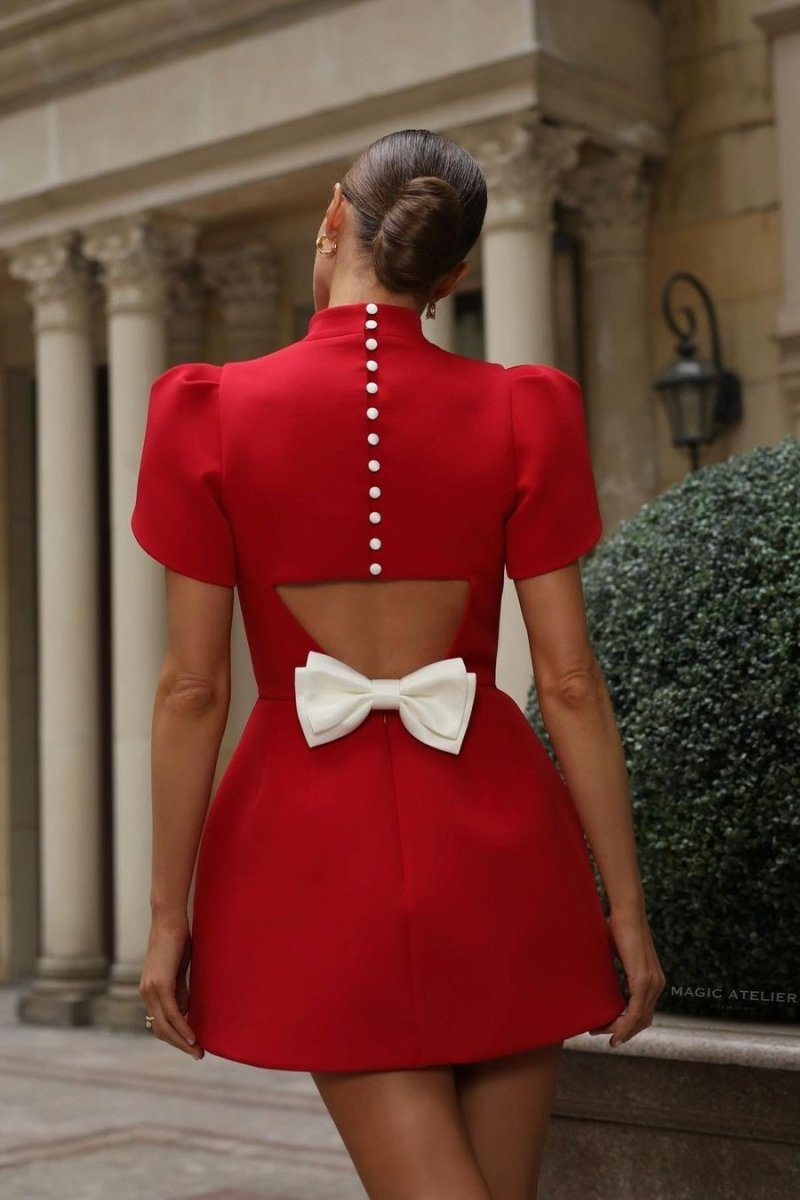 Women’s Mini Dress – Tailored Fit – Puff Sleeves – Open Back with Bow and Buttons by Lumina Vancouver