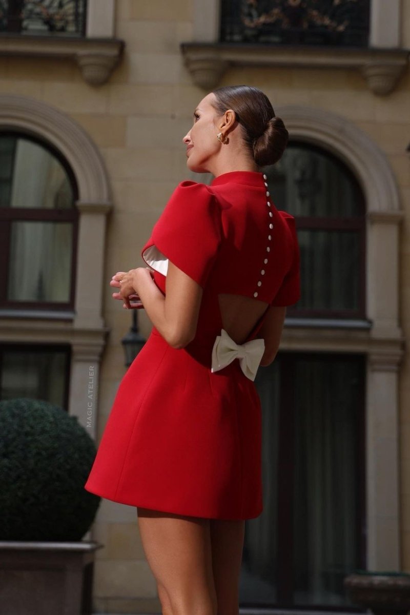 Women’s Mini Dress – Tailored Fit – Puff Sleeves – Open Back with Bow and Buttons by Lumina Vancouver
