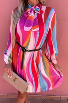 Women's Pleated Dress - Elegant Striped Design - Long Sleeve Bow Tie Neck by Lumina Vancouver