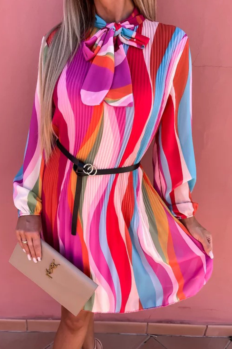 Women's Pleated Dress - Elegant Striped Design - Long Sleeve Bow Tie Neck by Lumina Vancouver