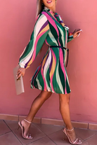 Women's Pleated Dress - Elegant Striped Design - Long Sleeve Bow Tie Neck by Lumina Vancouver