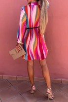 Women's Pleated Dress - Elegant Striped Design - Long Sleeve Bow Tie Neck by Lumina Vancouver