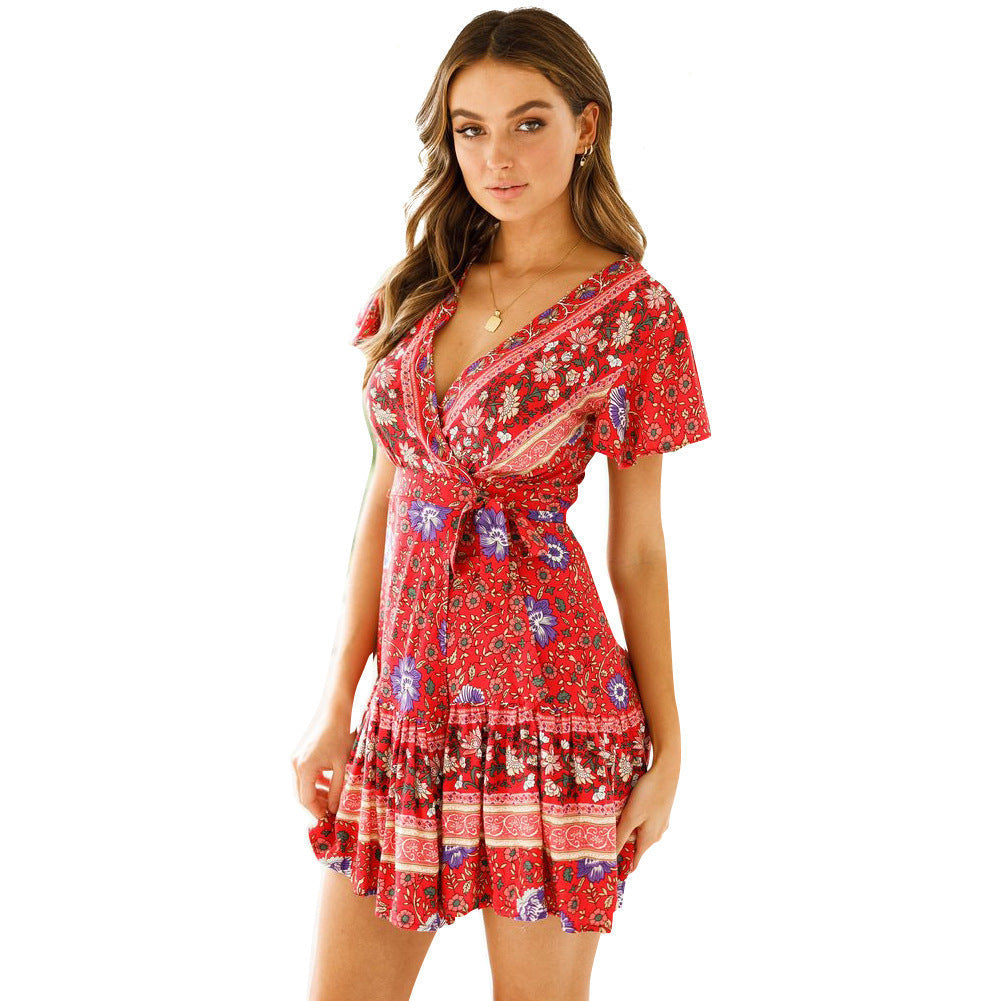 Women's Wrap Dress - Floral Print - Short Sleeve - Adjustable Waist - Mini Length by Lumina Vancouver