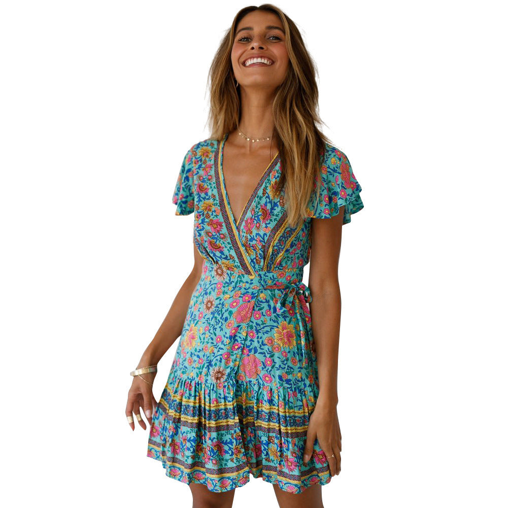 Women's Wrap Dress - Floral Print - Short Sleeve - Adjustable Waist - Mini Length by Lumina Vancouver