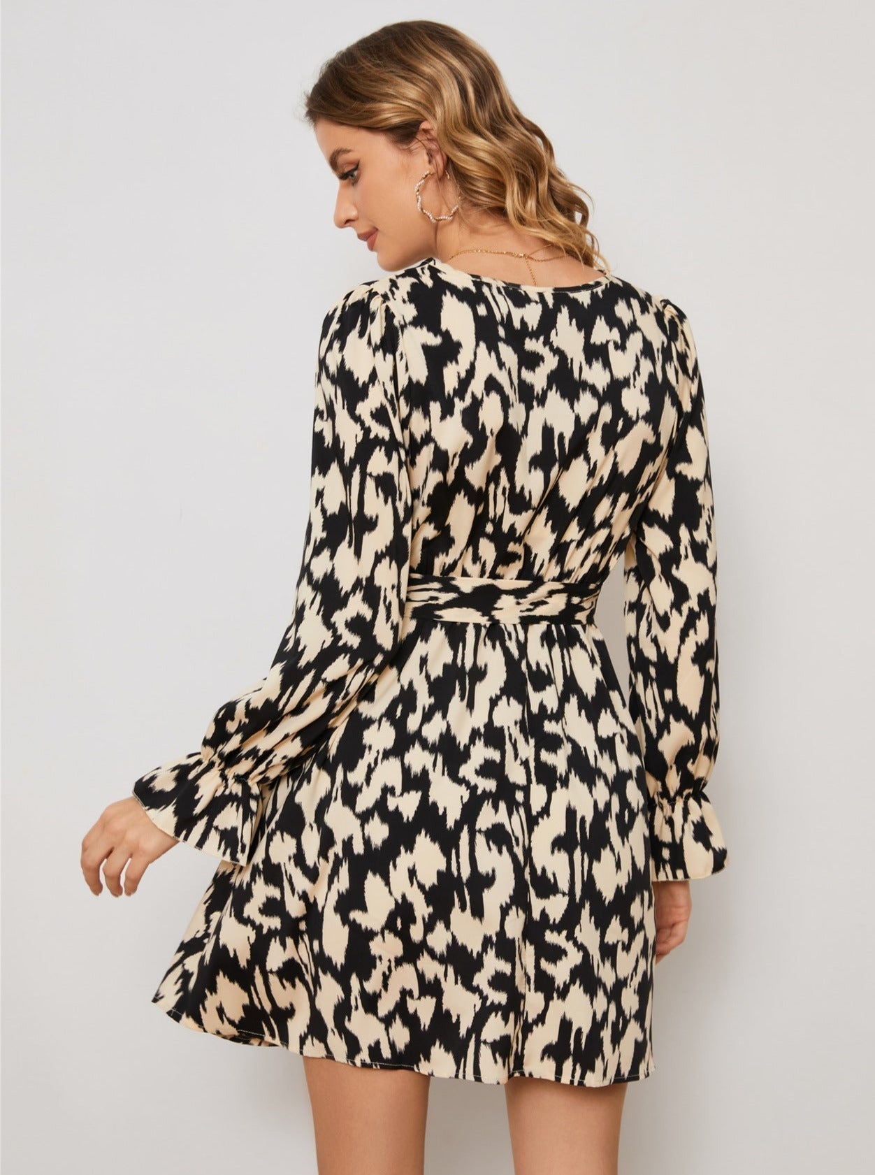 Women's A-Line Mini Dress - V-Neck Long Sleeve - Tie Waist Flowy Fit by Lumina Vancouver