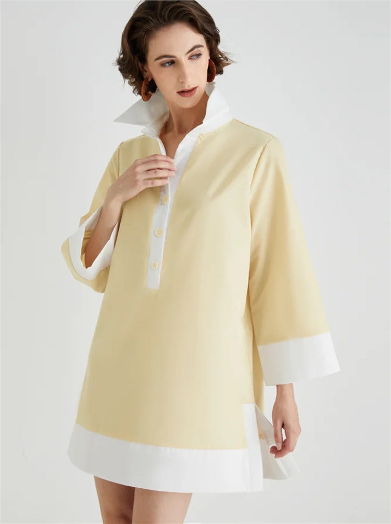Women's Tunic Dress - Relaxed Fit - High Collar - 3/4 Sleeve - Button Front by Lumina Vancouver