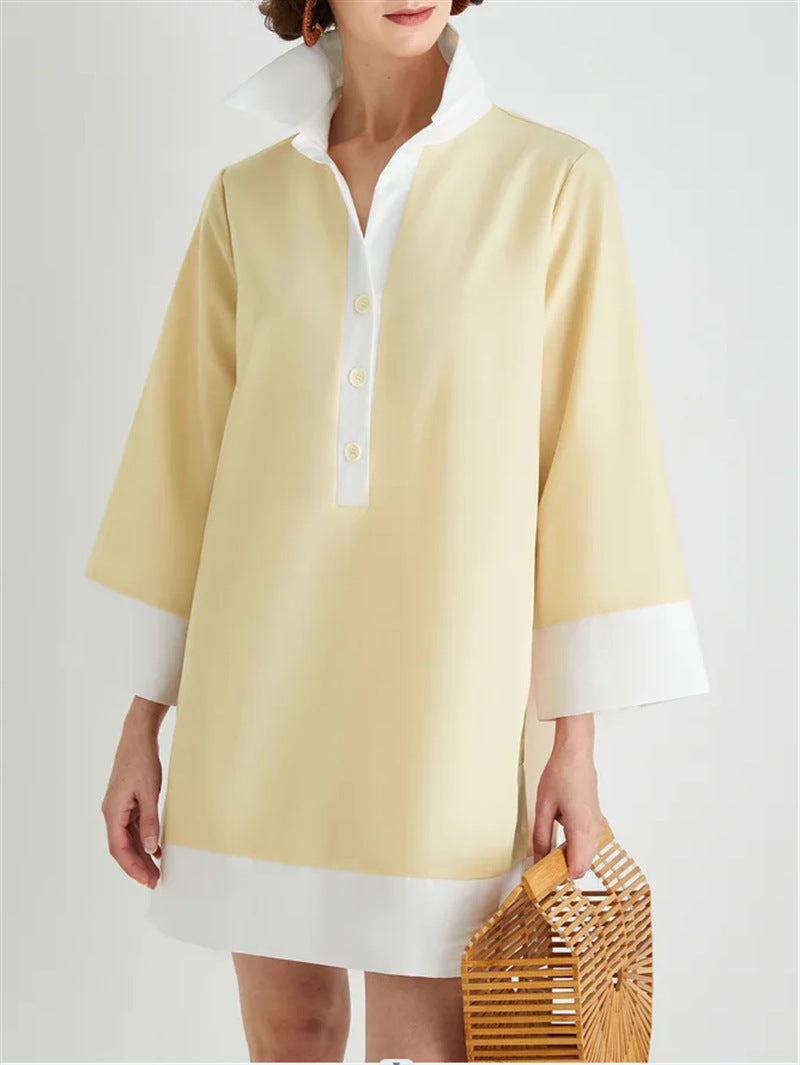 Women's Tunic Dress - Relaxed Fit - High Collar - 3/4 Sleeve - Button Front by Lumina Vancouver