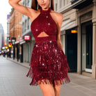 Women's Halter Neck Mini Dress - Sequin Embellished - Keyhole Cutout - Fringe Detail by Lumina Vancouver