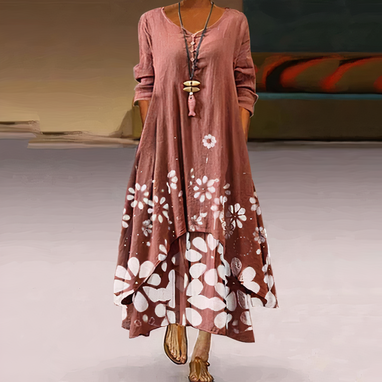 Women's Casual Dress - Relaxed Fit - Long Sleeve - Button Detail - Asymmetrical Hem by Lumina Vancouver