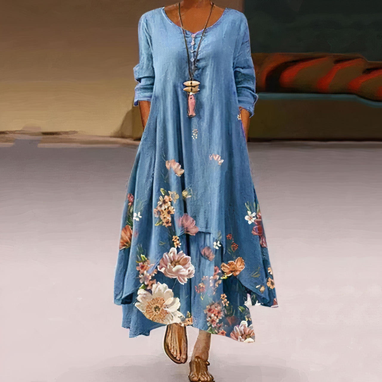 Women's Casual Dress - Relaxed Fit - Long Sleeve - Button Detail - Asymmetrical Hem by Lumina Vancouver