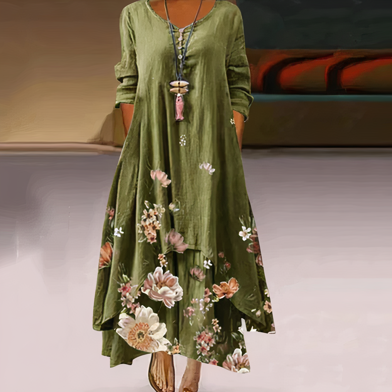 Women's Casual Dress - Relaxed Fit - Long Sleeve - Button Detail - Asymmetrical Hem by Lumina Vancouver