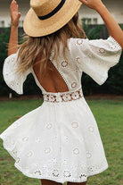 Women's Eyelet Dress - A-Line Silhouette - Short Bell Sleeves - Fitted Bodice by Lumina Vancouver