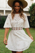 Women's Eyelet Dress - A-Line Silhouette - Short Bell Sleeves - Fitted Bodice by Lumina Vancouver