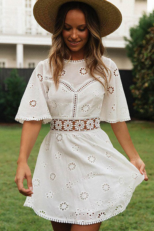 Women's Eyelet Dress - A-Line Silhouette - Short Bell Sleeves - Fitted Bodice by Lumina Vancouver