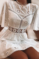 Women's Eyelet Dress - A-Line Silhouette - Short Bell Sleeves - Fitted Bodice by Lumina Vancouver