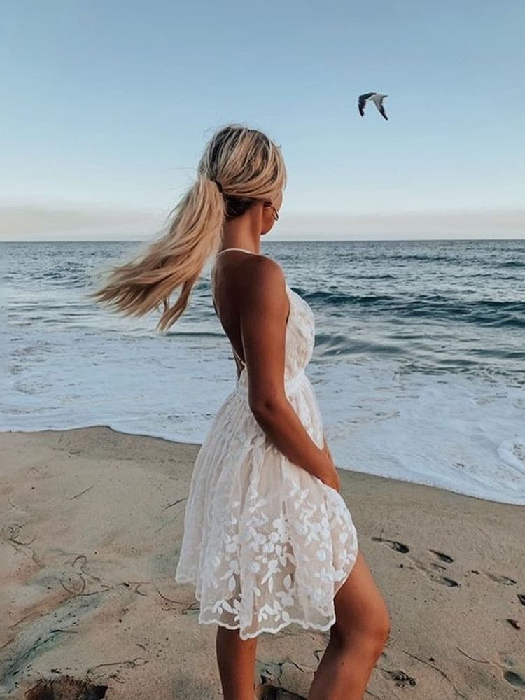 Women's Spaghetti Strap Dress - Deep V-Neck - Floral Embroidery - A-Line Silhouette by Lumina Vancouver