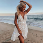 Women's Spaghetti Strap Dress - Deep V-Neck - Floral Embroidery - A-Line Silhouette by Lumina Vancouver