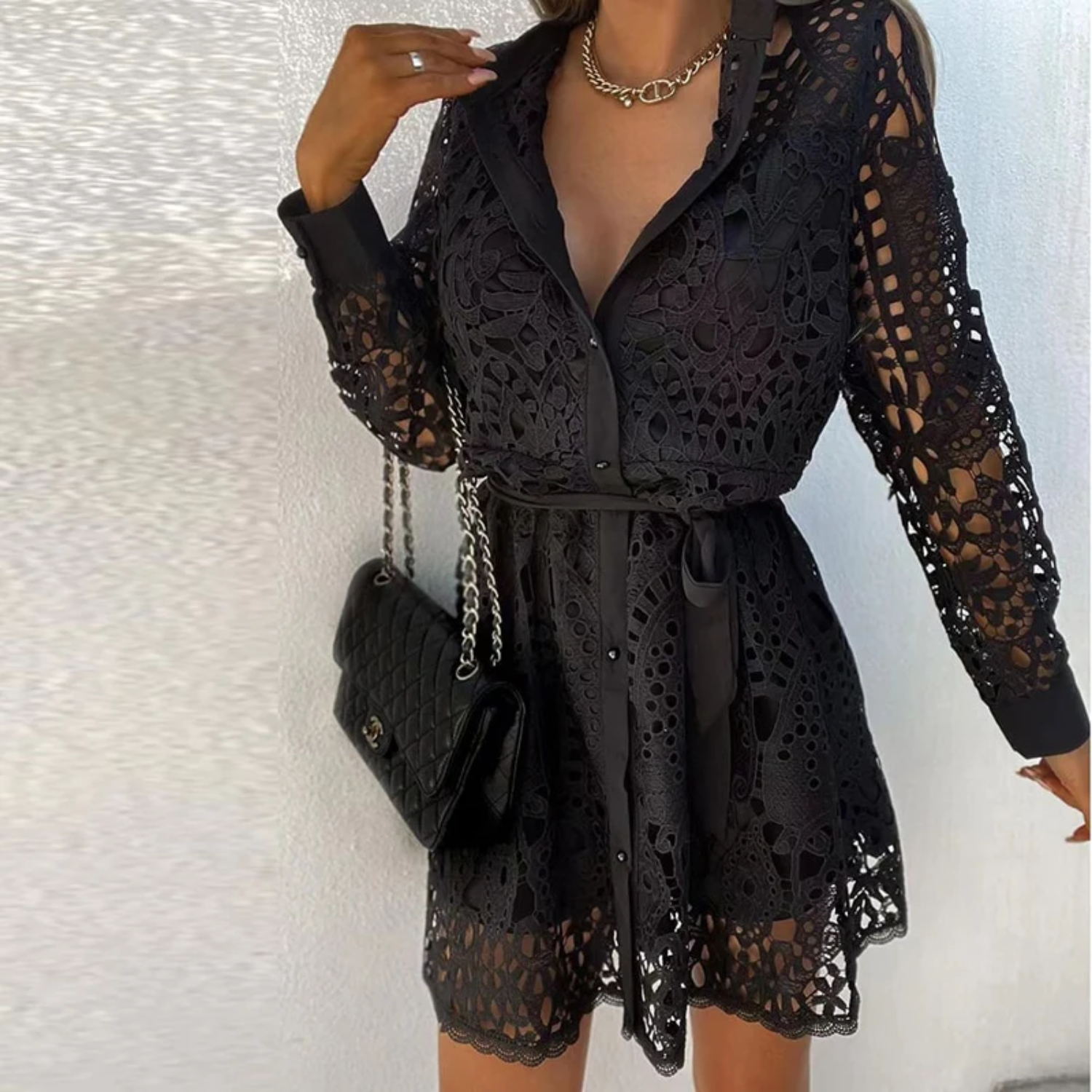 Women's Lace Dress - Knee-Length - Long Sleeve - Button-Up Shirt Style - Belted Waist by Lumina Vancouver
