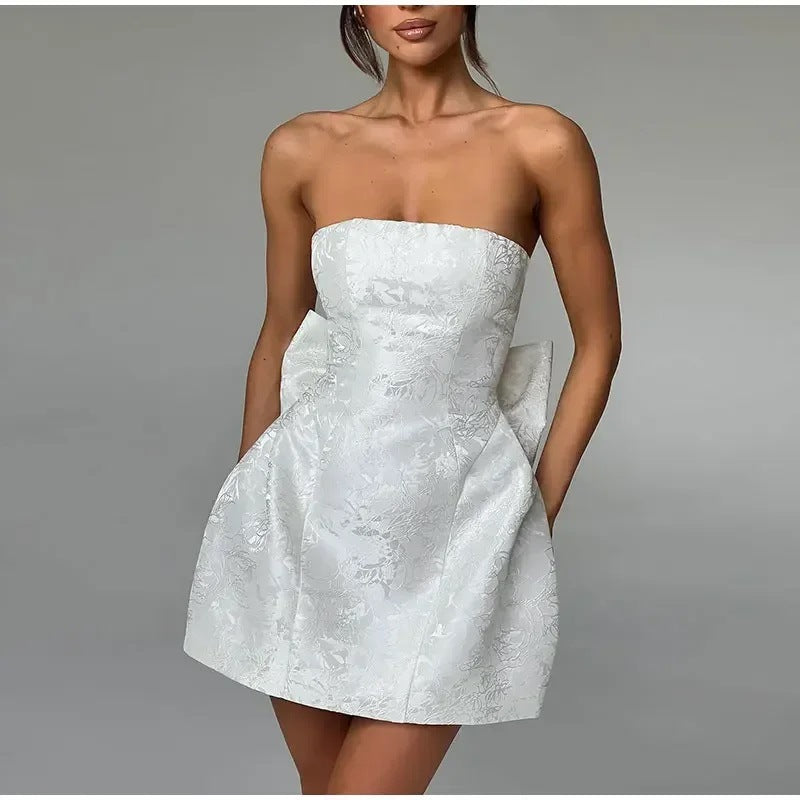 Women’s Mini Dress – Jacquard Fabric – Strapless Sweetheart Neck – Back Bow Detail by Lumina Vancouver