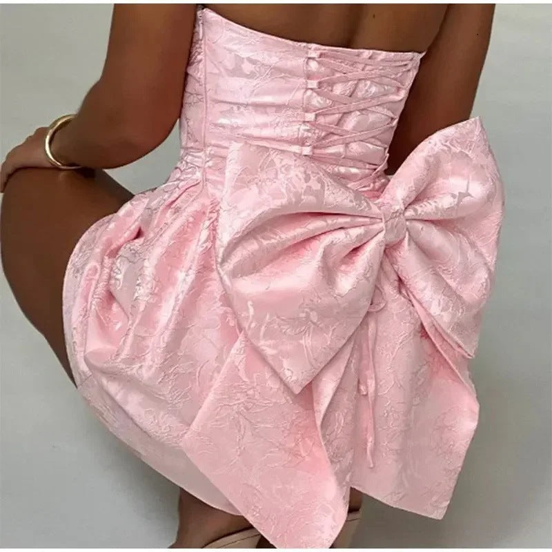 Women’s Mini Dress – Jacquard Fabric – Strapless Sweetheart Neck – Back Bow Detail by Lumina Vancouver