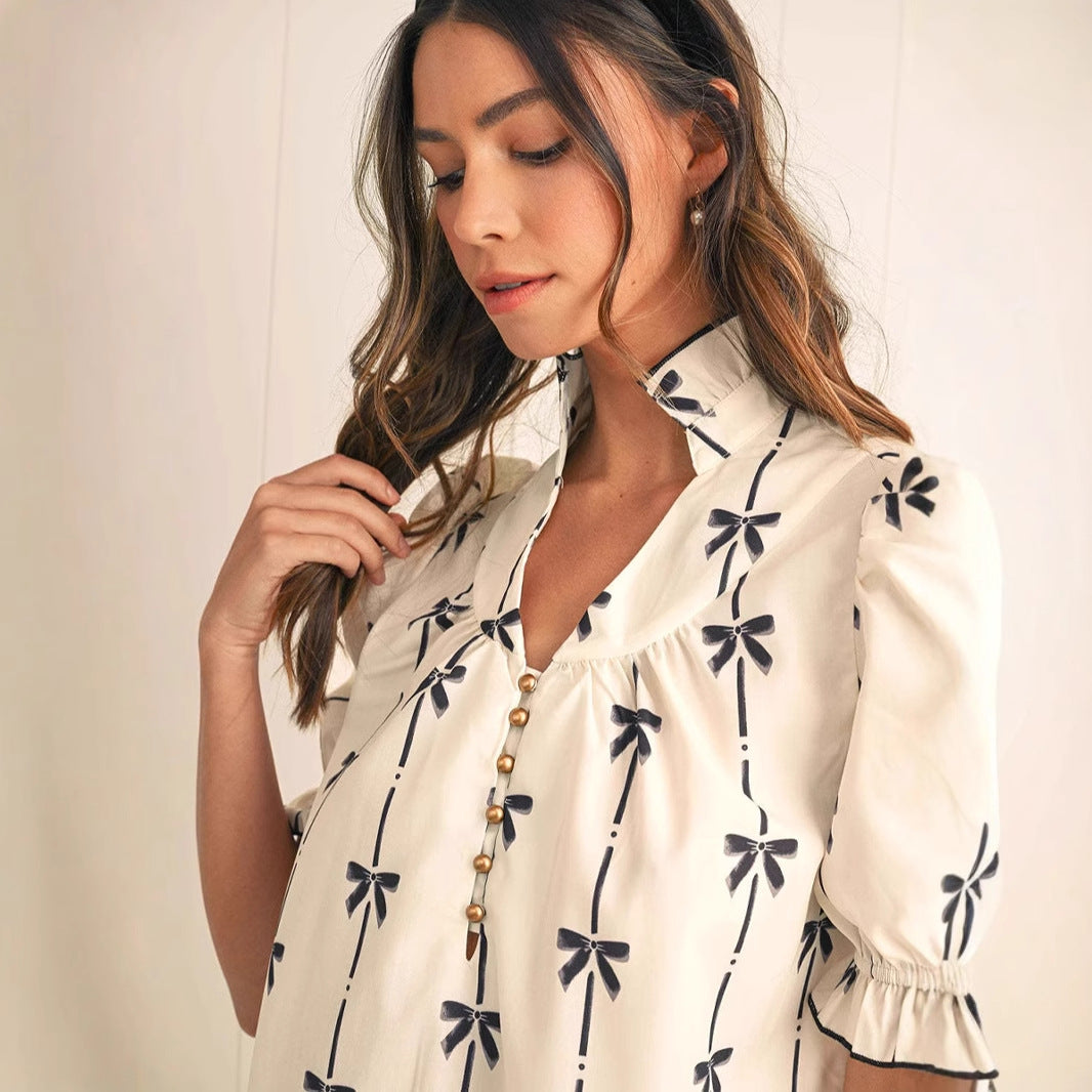 Women’s A-Line Dress – Lightweight Cotton – Puff Sleeve – Bow Print – Above Knee Fit by Lumina Vancouver