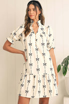 Women’s A-Line Dress – Lightweight Cotton – Puff Sleeve – Bow Print – Above Knee Fit by Lumina Vancouver