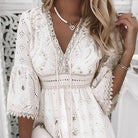 Women's V-Neck Dress - Embroidered Boho Style - Lace Trim - Tiered Skirt by Lumina Vancouver