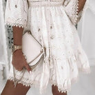 Women's V-Neck Dress - Embroidered Boho Style - Lace Trim - Tiered Skirt by Lumina Vancouver