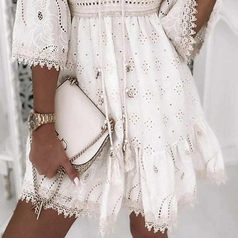 Women's V-Neck Dress - Embroidered Boho Style - Lace Trim - Tiered Skirt by Lumina Vancouver