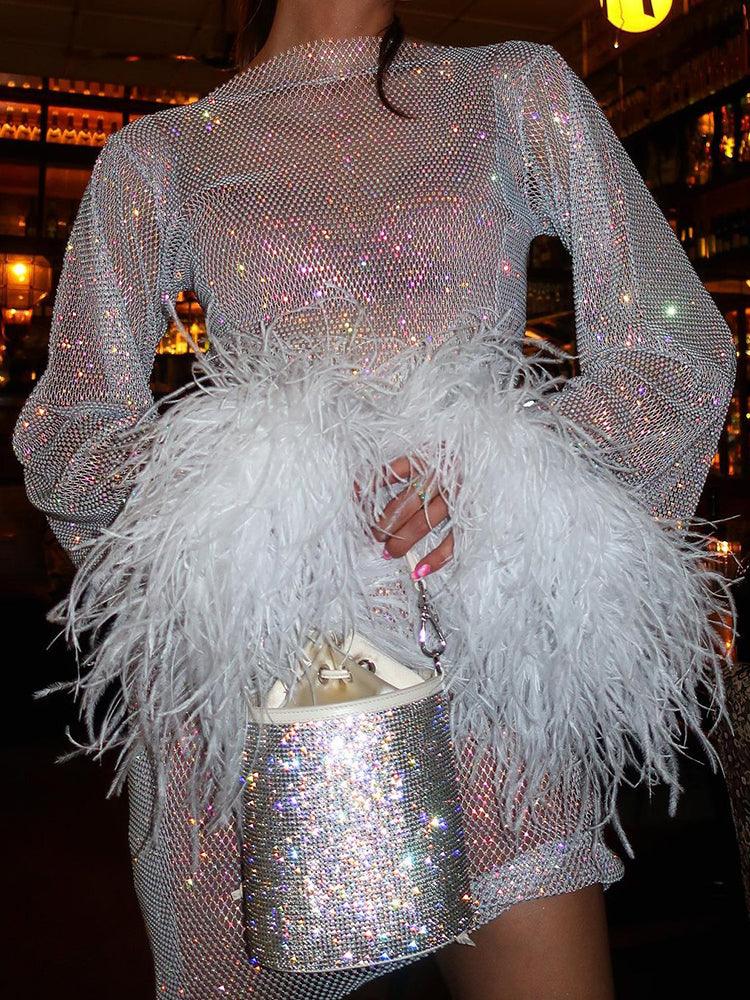 Women's Sequin Mini Dress - Fitted Silhouette - Long Sleeve with Feather Cuffs by Lumina Vancouver