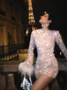 Women's Sequin Mini Dress - Fitted Silhouette - Long Sleeve with Feather Cuffs by Lumina Vancouver