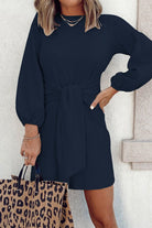 Women's Mini Dress - Long Sleeve - Tie Waist - Round Neck Casual Chic by Lumina Vancouver