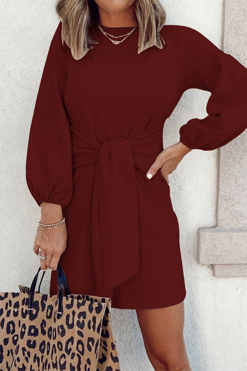 Women's Mini Dress - Long Sleeve - Tie Waist - Round Neck Casual Chic by Lumina Vancouver