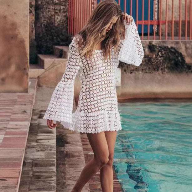 Women’s Beach Cover-Up Dress – Crochet Knit – Flowy Fit – Bell Sleeves – Mini Length by Lumina Vancouver