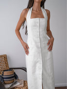 Women's Halter Neck Maxi Dress - Sleeveless Button-Down - Side Slit Elegant Fit by Lumina Vancouver