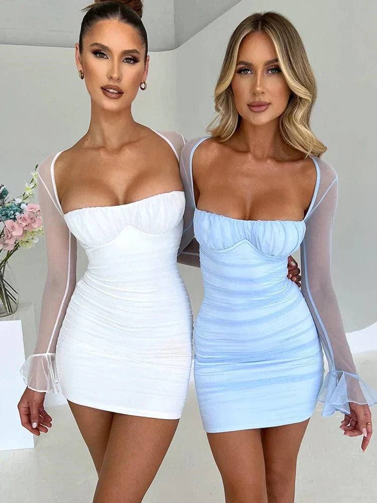Women's Mini Dress - Bodycon Fit - Sweetheart Neckline - Sheer Long Sleeves - Ruched Design by Lumina Vancouver