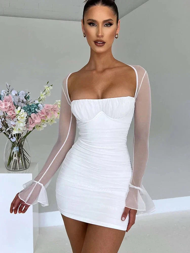 Women's Mini Dress - Bodycon Fit - Sweetheart Neckline - Sheer Long Sleeves - Ruched Design by Lumina Vancouver